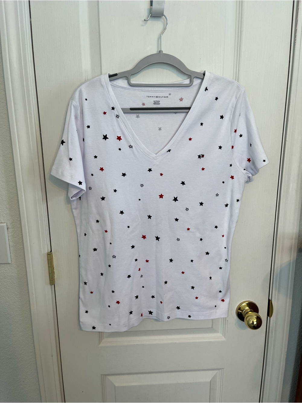 Tommy Hilfiger White V-Neck Tee with Red & Black Star Print